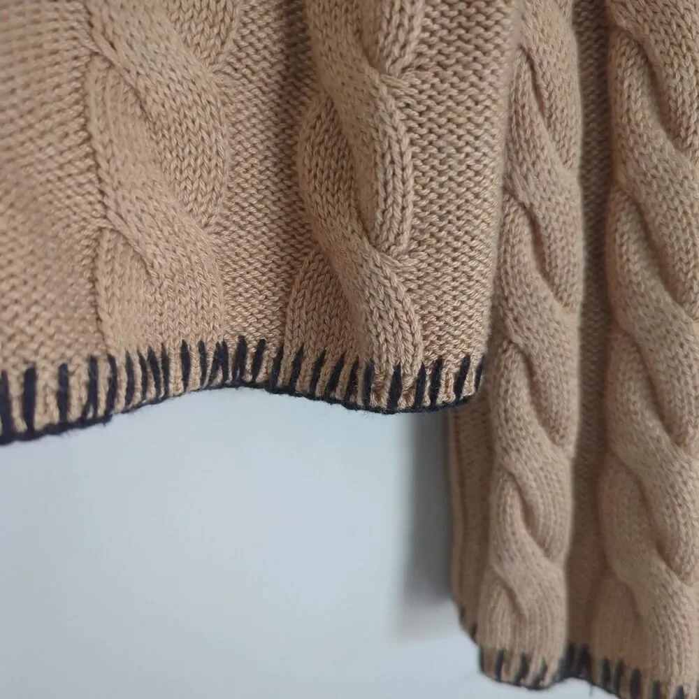 J. Crew Cotton/Cashmere Brown Contrast Stitch Fisherman Sweater Small Cable Knit